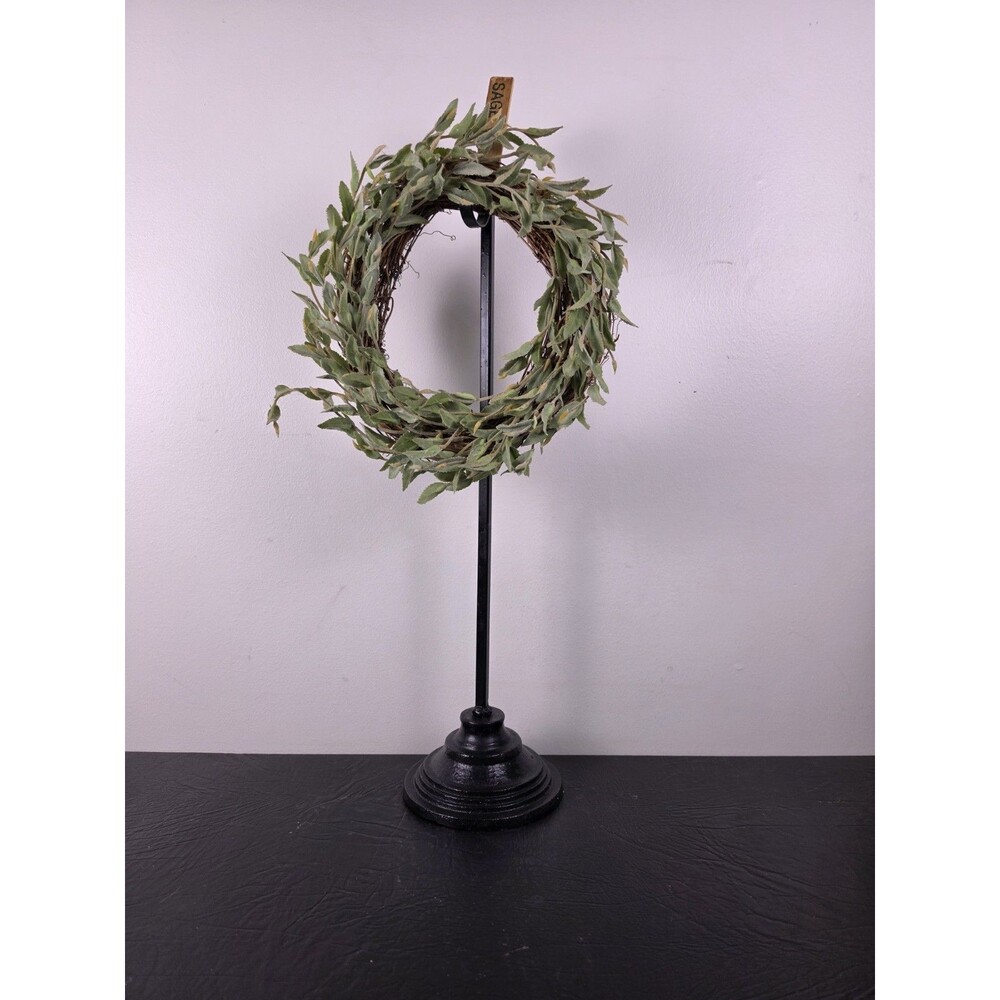 Farmhouse Faux Sage Green Wreath 18" on Twig Grapevine Base with Black Metal...